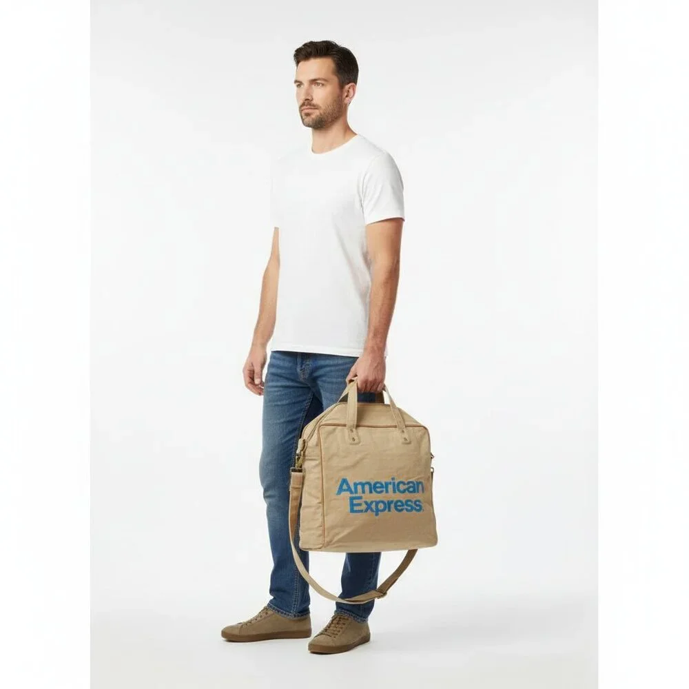 American‎ Express Travel Service Canvas Duffle Bag Beige Blue Logo Zip Top